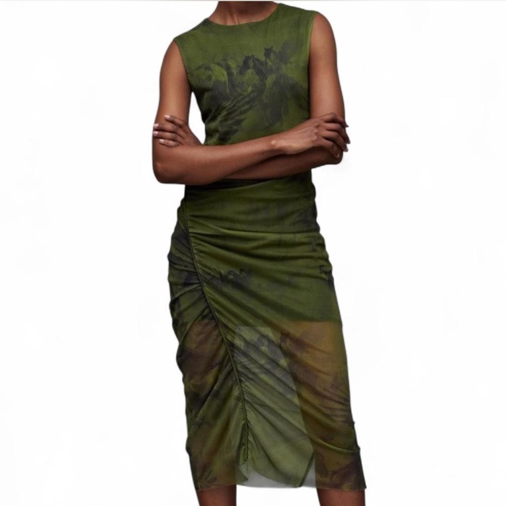 AllSaints Nora Colca Sleeveless Ruched Mesh Midi Dress in olive green